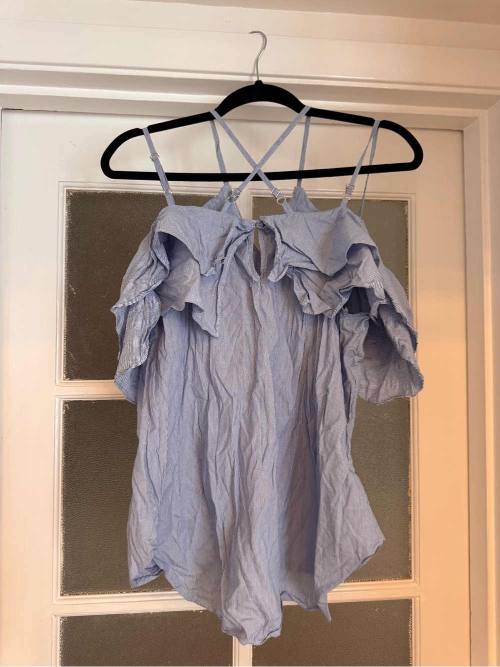 Light Blue Strappy Ruffle Cold-Shoulder Blouse - Picture 6 of 11